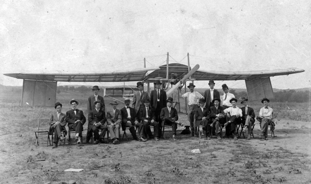 1908 Flying Machine in field near Tulsa