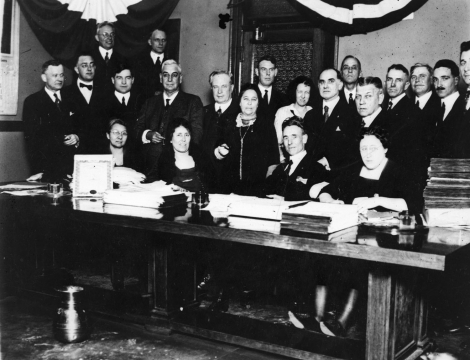 Signing the municipal bonds to fund the Spavinaw project, c 1920