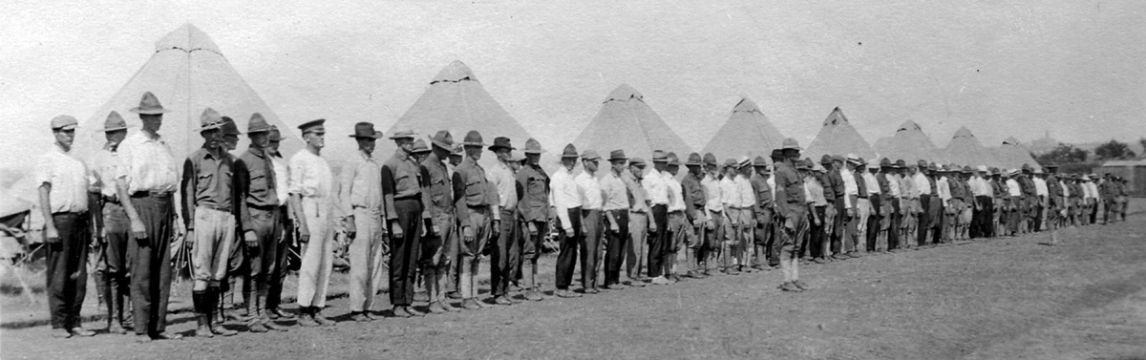 Camp Bowie, Fort Worth, Texas, during WWI. Photograph shows line of soldiers during review.
