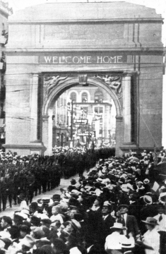 Arch of Welcome on June 12, 1919. The arch was erected on Main Street between 3rd &amp; 4th Streets to welcome home Company D, 11th Engineers, 36th Division, from World War I. The arch was built at a price of $3500 and paid by public subscriptions