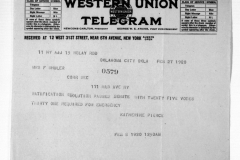 Telegram reporting news of legislature vote in Oklahoma, 1920